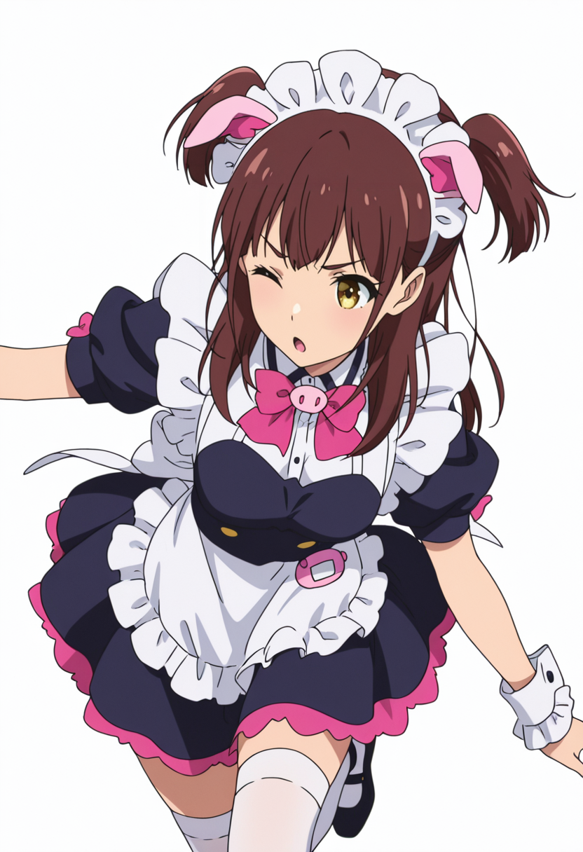 Smooth Quality,masterpiece,very intricate, high quality details, ultra realistic, high detailed skin,detailed enviorement,absurdres,anime screencap, 
simple background, white background, dancing, solo
 <lora:Wahira_Nagomi_CNR:0.8> wahira_cnr, 1girl,brown hair, long hair, two side up, yellow eyes,pig ears, fake animal ears,maid, maid headdress, maid apron, puffy short sleeves,white thighhighs, black footwear, wrist cuffs, frills, pink bowtie,, determined,, ;o,
