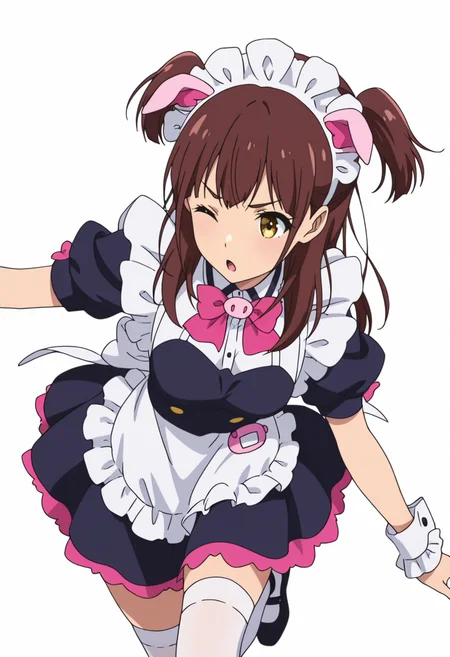Smooth Quality,masterpiece,very intricate, high quality details, ultra realistic, high detailed skin,detailed enviorement,absurdres,anime screencap,
simple background, white background, dancing, solo
<lora:Wahira_Nagomi_CNR:0.8> wahira_cnr, 1girl,brown hair, long hair, two side up, yellow eyes,pig ears, fake animal ears,maid, maid headdress, maid apron, puffy short sleeves,white thighhighs, black footwear, wrist cuffs, frills, pink bowtie,, determined,, ;o,