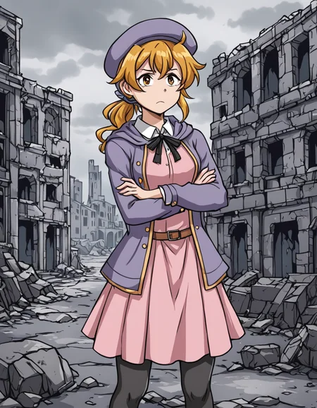 1girl,eleanor,solo,glum,standing,crossed arms,pink dress,purple jacket,hat,beret,ribbon,ponytail,neck ribbon,black pantyhose,boots,in ruined city,dark fantasy style, <lora:EleanorXL-000105:0.7>
