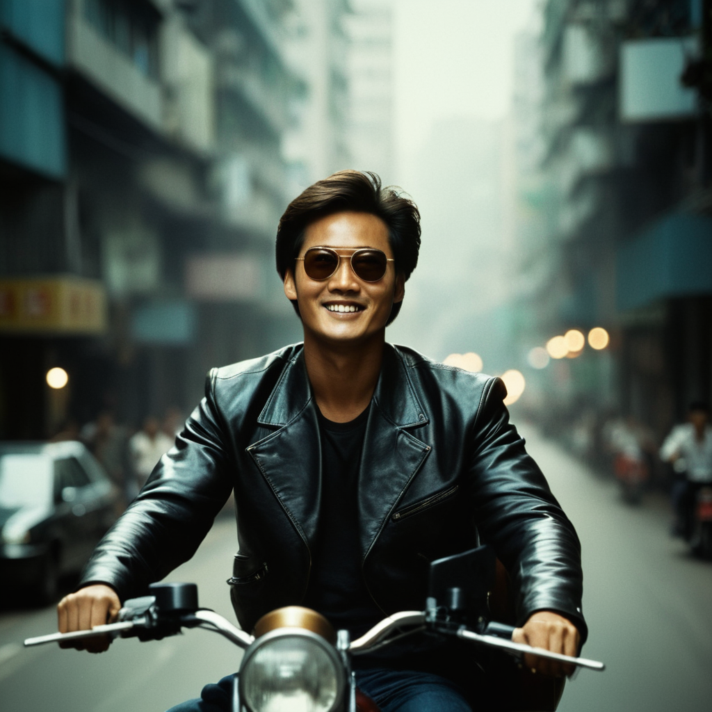 cinematic film still of  <lora:Hong Kong action cinema style:1>
In the 1980's In Hong Kong China a smiling man riding a motorcycle with a side car,solo,smile,brown hair,1boy,jacket,male focus,glasses,bag,blurry,goggles,ground vehicle,motor vehicle,goggles on head,realistic,motorcycle,Asian,cinematic,action-themed,violence,aim,aiming,pointing,Kodak,Film style,movie style,film grain,film contrast,action packed,serious,stunt,Hong Kong action cinema style,Asian,cinematic,action-themed,violence,aim,aiming,pointing,Kodak,Film style,movie style,film grain,film contrast,action packed,serious,stunt,Hong Kong action cinema style, shallow depth of field, vignette, highly detailed, high budget, bokeh, cinemascope, moody, epic, gorgeous, film grain, grainy