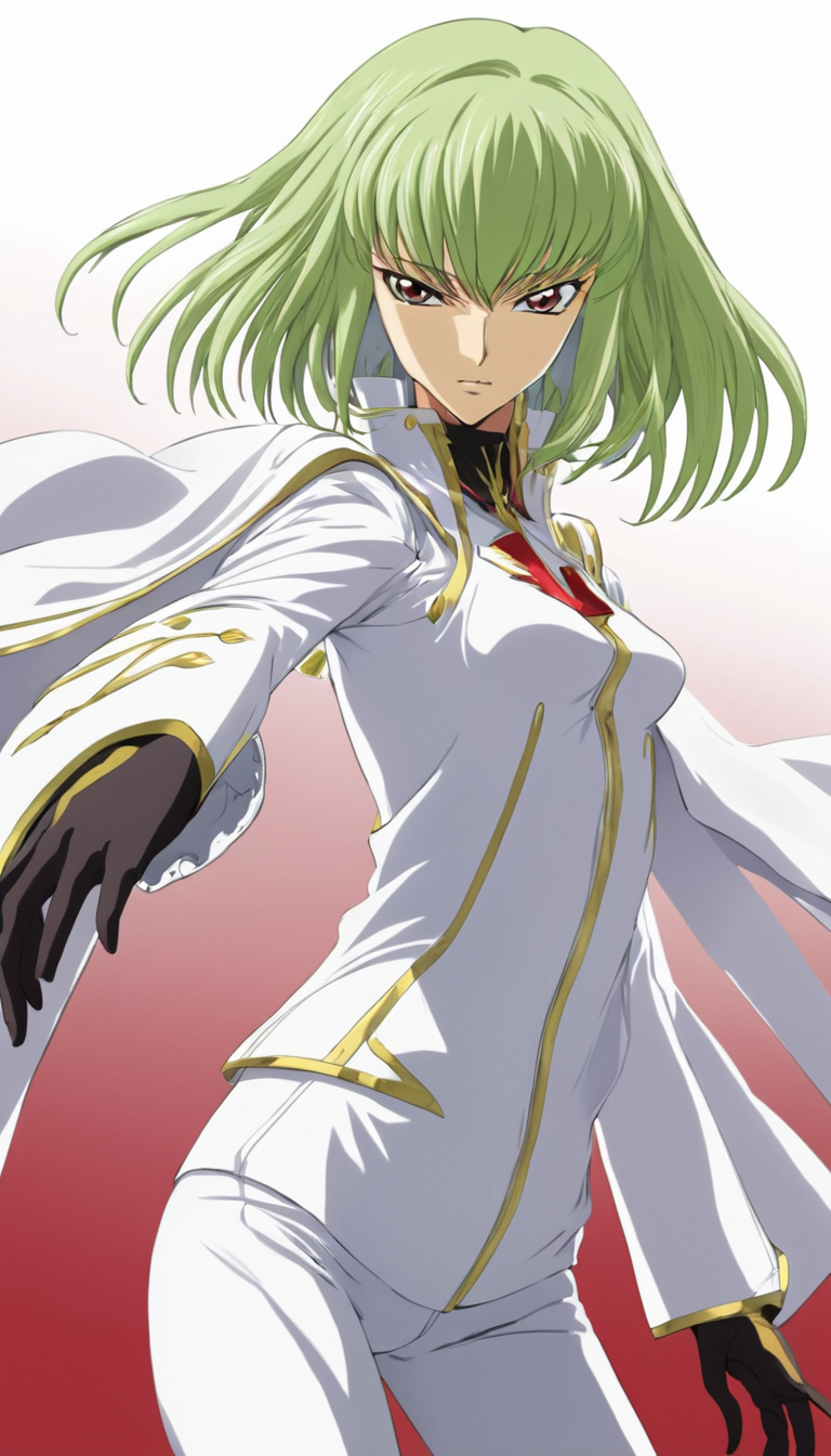 Cinematic scene, hero view, 1girl, C.C., Code Geass, white jacket, high collar, wide sleeves, sleeves past fingers, sleeves past wrists, action pose, detailed background, masterpiece, best quality, high quality, highres, absurdres <lora:cc:1>