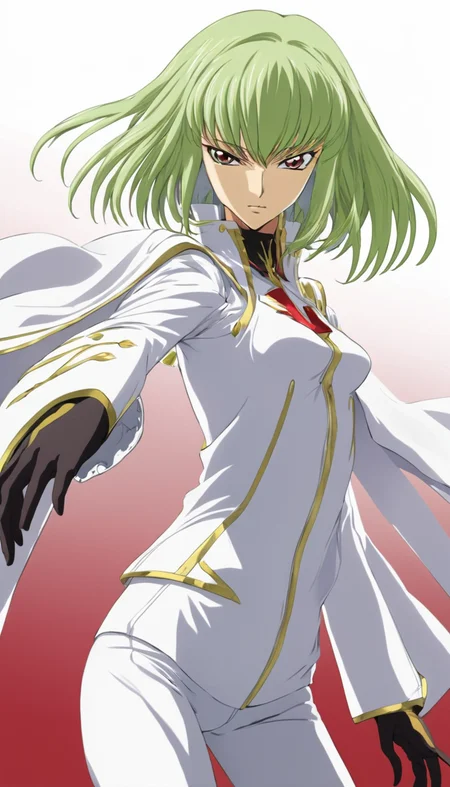 Cinematic scene, hero view, 1girl, C.C., Code Geass, white jacket, high collar, wide sleeves, sleeves past fingers, sleeves past wrists, action pose, detailed background, masterpiece, best quality, high quality, highres, absurdres <lora:cc:1>