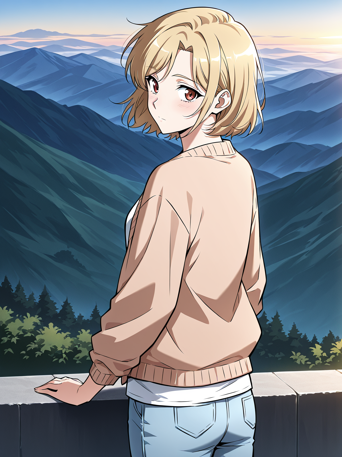 <lora:Omniscient_Readers_Viewpoint__Shin_Yoosung:1>
1girl, solo, short hair, blonde hair, soft expression, light skin,  red brown eyes,
light brown cardigan, white t-shirt, light blue jeans, casual outfit, long sleeves, rolled cuffs,
score_9, score_8_up, score_7_up, source anime, BREAK, cowboy shot, (from side), looking back, looking at viewer, overlooking mountain, high altitude, scenery, exterior, background