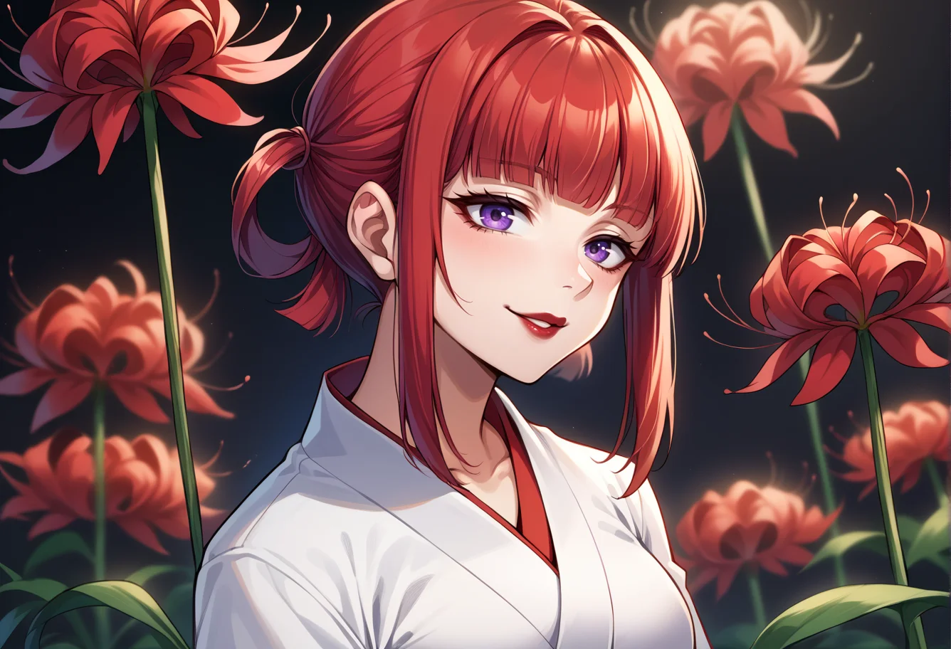 score_9, score_7_up, source_anime, BREAK <lora:Spiderlily:0.8> spider lily,
, solo, seductive smile, red lips,
1girl, purple eyes, red hair, blunt bangs, medium breasts, low hair rings, white kimono, black background, red flower field,