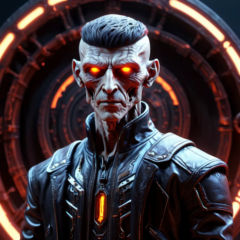 ((best quality)), ((masterpiece)), ((realistic,digital art)), (hyper detailed), DonM5yn1hXL male Aging gracefully Ripped, Scandinavian, Amber eyes, Oval Ears, Deviated Septum Nose, Unique Chin, Soft Jaw, Symmetrical Forehead, Elegant Neckline, Cheekbones, Dark Auburn Low fade hair, Worry, wearing Cargo joggers, Leather jacket, Wingtip shoes, Boater hat, , Standing with weight shifted to one leg, suggesting ease, scifi, tech, futuristic, 8K, HDR <lora:DonM5yn1hXL-000014:1>