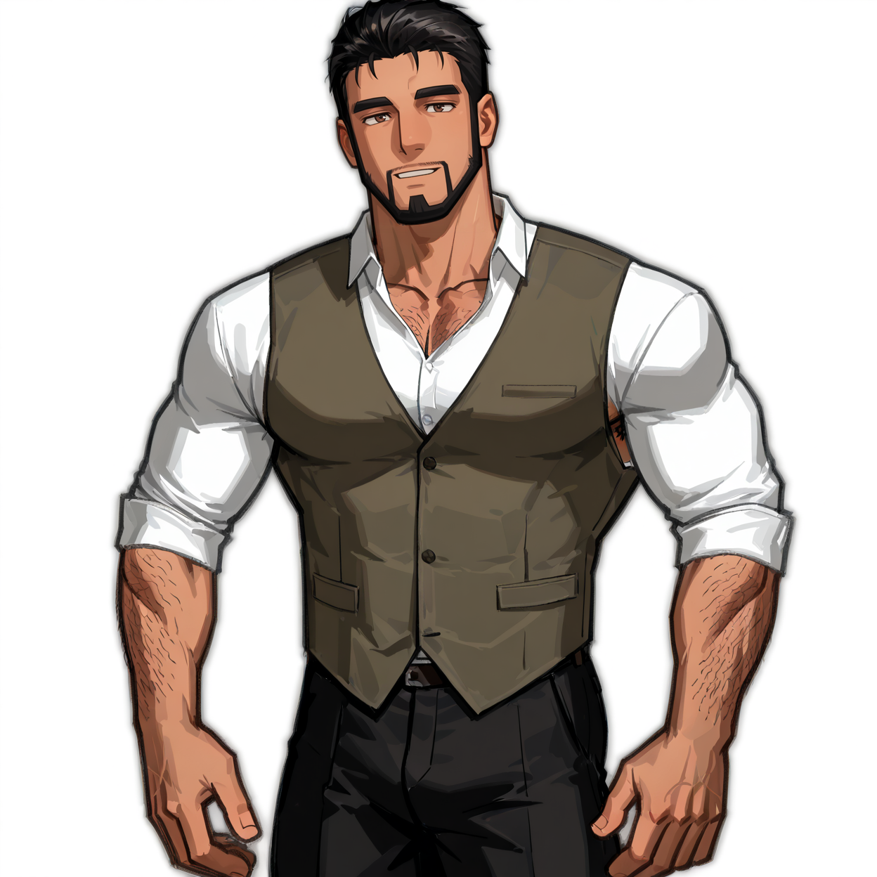 <lora:Humplex_-_Ganto_A.K.A._The_Bartender:.75>, humplex_bartender, short hair, black hair, thick brows, goatee,, arm hair, chest hair, leg hair, pubic hair, armpit hair, olive green vest,, white button up, black pants,
(very short hair, beard, bara, mature, facial hair, stubble, beard, full beard, sideburn, beard, a lot of beard, ), facial hair,male focus, muscular male, muscular male, bara, mature,  bara, mature, aixiwuganda_(20222192), very awa, masterpiece, best quality, absurdres, newest, perfect quality, detailed background, intricate details,
<lora:slider_Body Type_alpha1.0_rank4_noxattn_last:3><lora:style_Anime Summer Days 2 Style SDXL_LoRA_Pony Diffusion V6 XL:.6><lora:slider_cfg_scale_boost:.7><lora:Artist6p:.55>, Artist6p, Artist04p,<lora:slider_il_brightness_slider_d1:-1><lora:slider_il_contrast_slider_d1:-1><lora:slider_DarkSlider1.2_alpha1.0_rank16_full_300steps:-.6>