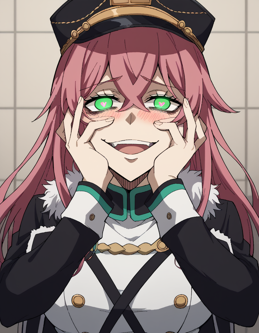 score_9, score_8_up, score_7_up, source_anime, <lora:princia-funnybunny-movie-ponyxl-lora-nochekaiser_r1:1>, princia funnybunny, long hair, green eyes, pink hair, red hair, crossed bangs, sidelocks, hat, jacket, belt, uniform, fur trim, military, military uniform, peaked cap, large breasts,, hospital room, bedside, get well flowers, comforting, quiet, , <lora:yandere-trance-ponyxl-lora-nochekaiser:1>, yandere trance, yandere, hands on own cheeks, hands on own face, crazy eyes, crazy smile, crazy, heart-shaped pupils, glowing eyes, symbol-shaped pupils, hand on own face, open mouth, glowing, blush, looking at viewer,, looking at viewer, solo,, dutch angle, cowboy shot