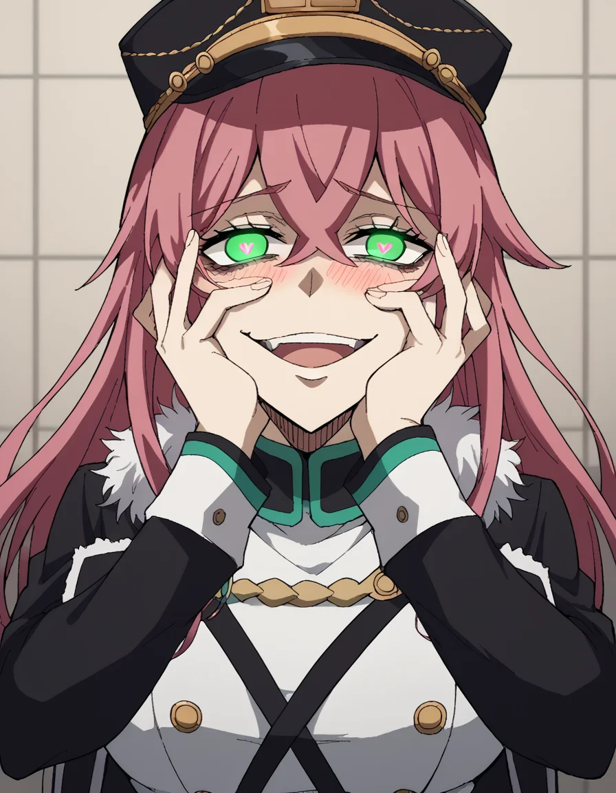 score_9, score_8_up, score_7_up, source_anime, <lora:princia-funnybunny-movie-ponyxl-lora-nochekaiser_r1:1>, princia funnybunny, long hair, green eyes, pink hair, red hair, crossed bangs, sidelocks, hat, jacket, belt, uniform, fur trim, military, military uniform, peaked cap, large breasts,, hospital room, bedside, get well flowers, comforting, quiet, , <lora:yandere-trance-ponyxl-lora-nochekaiser:1>, yandere trance, yandere, hands on own cheeks, hands on own face, crazy eyes, crazy smile, crazy, heart-shaped pupils, glowing eyes, symbol-shaped pupils, hand on own face, open mouth, glowing, blush, looking at viewer,, looking at viewer, solo,, dutch angle, cowboy shot