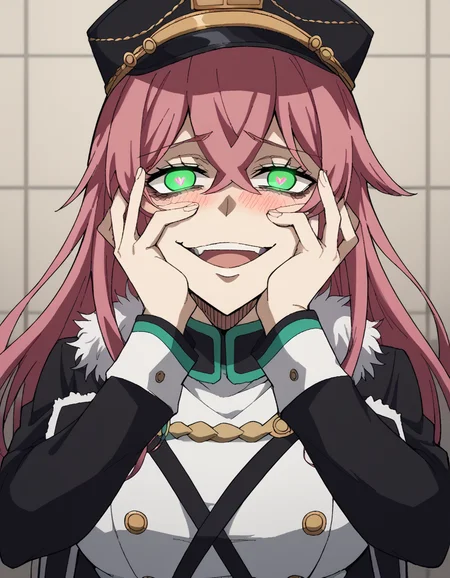 score_9, score_8_up, score_7_up, source_anime, <lora:princia-funnybunny-movie-ponyxl-lora-nochekaiser_r1:1>, princia funnybunny, long hair, green eyes, pink hair, red hair, crossed bangs, sidelocks, hat, jacket, belt, uniform, fur trim, military, military uniform, peaked cap, large breasts,, hospital room, bedside, get well flowers, comforting, quiet, , <lora:yandere-trance-ponyxl-lora-nochekaiser:1>, yandere trance, yandere, hands on own cheeks, hands on own face, crazy eyes, crazy smile, crazy, heart-shaped pupils, glowing eyes, symbol-shaped pupils, hand on own face, open mouth, glowing, blush, looking at viewer,, looking at viewer, solo,, dutch angle, cowboy shot