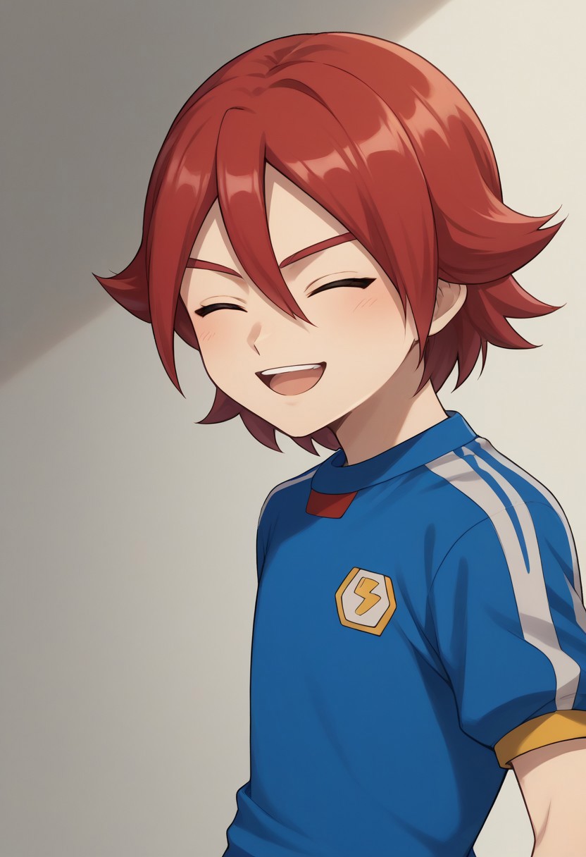 score_9, score_8_up, score_7_up, source_anime, highly detailed, 
hiroto, 1boy, male focus, solo, red hair, hair between eyes, closed eyes, open mouth, sportwear, soccer uniform, inazuma japan soccer uniform, shirt, light blue shirt, short sleeves, shorts, grey shorts, upper body, smile, slender, skinny
outdoor,