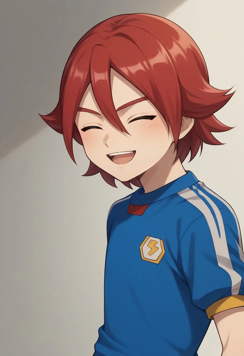 score_9, score_8_up, score_7_up, source_anime, highly detailed,
hiroto, 1boy, male focus, solo, red hair, hair between eyes, closed eyes, open mouth, sportwear, soccer uniform, inazuma japan soccer uniform, shirt, light blue shirt, short sleeves, shorts, grey shorts, upper body, smile, slender, skinny
outdoor,