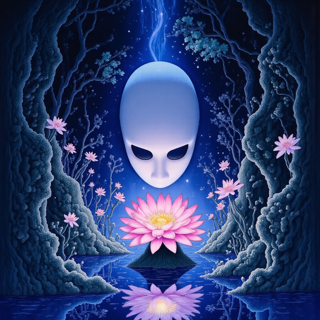 high definition digital animation depicting a cursed no-face mask radiating an eerie cyan and magenta aura blooming out of a blue lotus in a liminal bonsai garden, Studio Ghibli Dark Fairytale