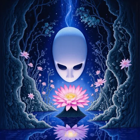 high definition digital animation depicting a cursed no-face mask radiating an eerie cyan and magenta aura blooming out of a blue lotus in a liminal bonsai garden, Studio Ghibli Dark Fairytale