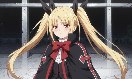 score_9, score_8_up, score_7_up, score_6_up, score_5_up, score_4_up, source_anime, anime screencap, masterpiece, insanely detailed, detailed background, zPDXL3, BREAK, RachelAlucardBB,1girl,solo,long hair,blonde hair,red eyes,red bow,ribbon,twintails,black hair ribbon,small breasts,frills,red bow,ghotic fashion,black capelet ,red cross pattern,black dress