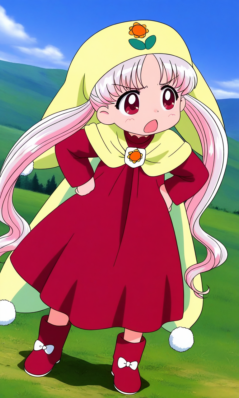 general,highres, ultra-detailed,very aesthetic,best quality ,best hands, BREAK <lora:Princess_Silver_Crayon_Oukoku_Ver2.0_IS:0.9>
Silver_Oujo(Crayon_Oukoku), 1girl, solo, long hair, white hair, pink hair, red eyes,
yellow headwear, twintails, parted bangs,
red dress, boots, pom pom (clothes),
sulking,
full body, open mouth, red dress, 
long sleeves, red footwear, hands on own hip,
hair bun, standing,
grass, sky, fantasy,