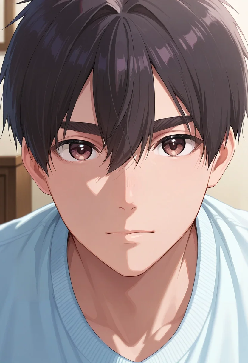 masterpiece, best quality, , semi-realistic, looking at viewer, 1boy, solo, male focus, <lora:rentarou_aijou_ilxl:0.96>, rentarou_aijou, black hair, brown eyes, short hair, hair between eyes, bangs