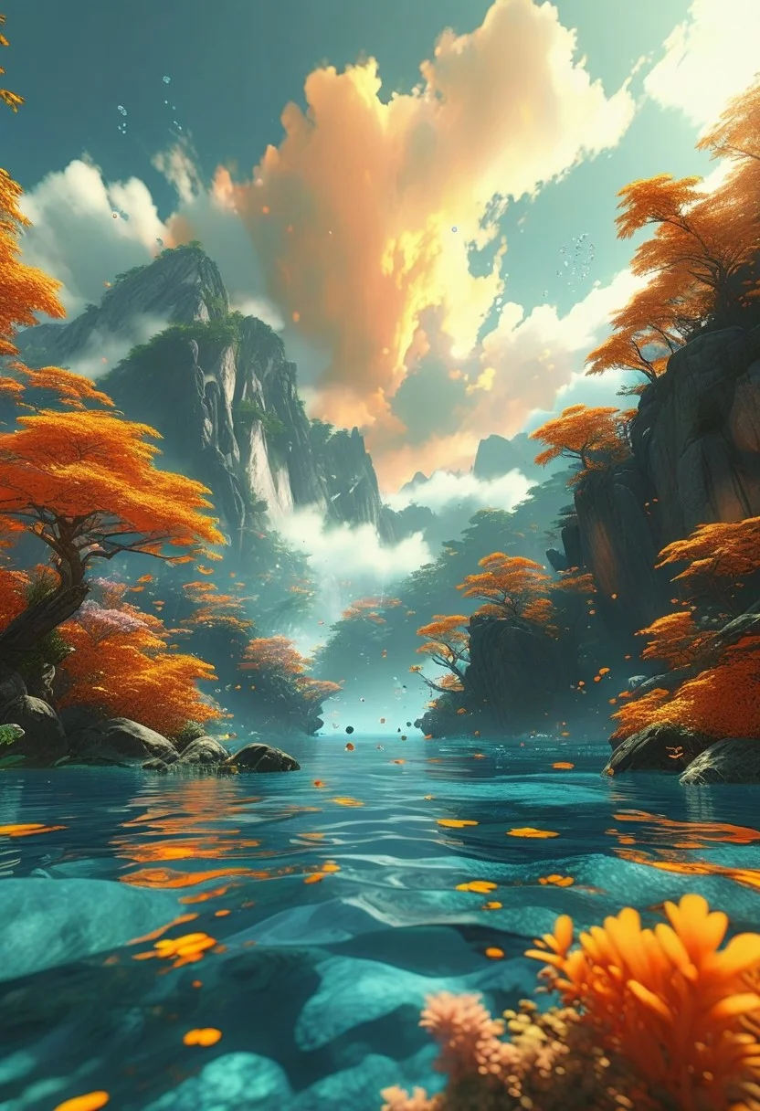 (ultra high res:1.4), (masterpiece), (beautiful lighting:1.4) , lush orange warm forest, Mountains, sunlight setting illuminates the crystal-clear water, (deep underwater), anime, half above water and half below water, (clear underwater), beautiful sky with clouds and smoke, tropical fish, depth
