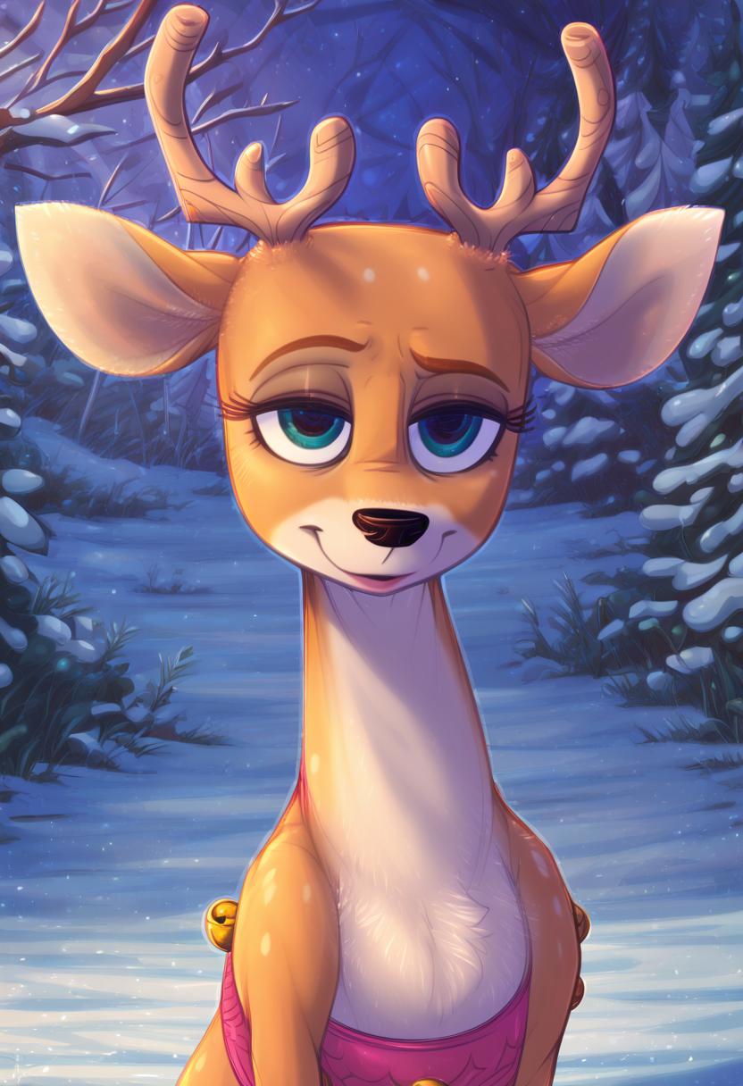 zPDXL, score_9_up, score_8_up,_7_up, score_6_up, score_5_up, score_4_up, best quality, amazing quality, detailed background, masterpiece, 1girl, looking at viewer, solo, seductive smile,out doors, christmas, winter forest, standing, huge filesize, cupid,reindeer, deer ears, blue-green eyes, pink belt with bells, reindeer tail, <lora:Cupid:0.8>,dimwitdog, <lora:dimwitdog:1>, Expressiveh, good_hands, <lora:Expressive_H:0.8>, <lora:Detail_Slider_v1.4_iteration_3:4>, <lora:pony_good_hands:0.8>