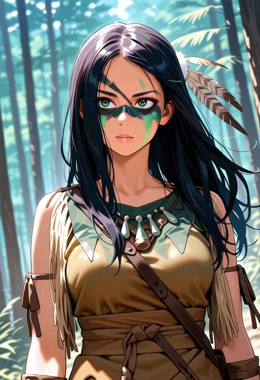 masterpiece, best quality, amazing quality, very aesthetic, absurdres,  newest, detailed background, upper body, outdoors, dynamic angle, 4k, 8k, jungle
naruprey, solo, 1girl, black hair, long hair, green facepaint, black facepaint, multicolor facepaint, feather hair ornament, tribal, 
 <lora:Naru_-_Prey_Illustrious:1>