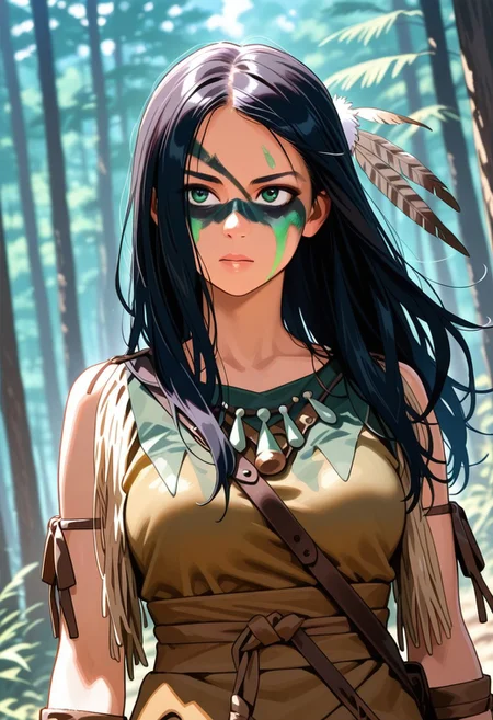 masterpiece, best quality, amazing quality, very aesthetic, absurdres, newest, detailed background, upper body, outdoors, dynamic angle, 4k, 8k, jungle
naruprey, solo, 1girl, black hair, long hair, green facepaint, black facepaint, multicolor facepaint, feather hair ornament, tribal,
<lora:Naru_-_Prey_Illustrious:1>
