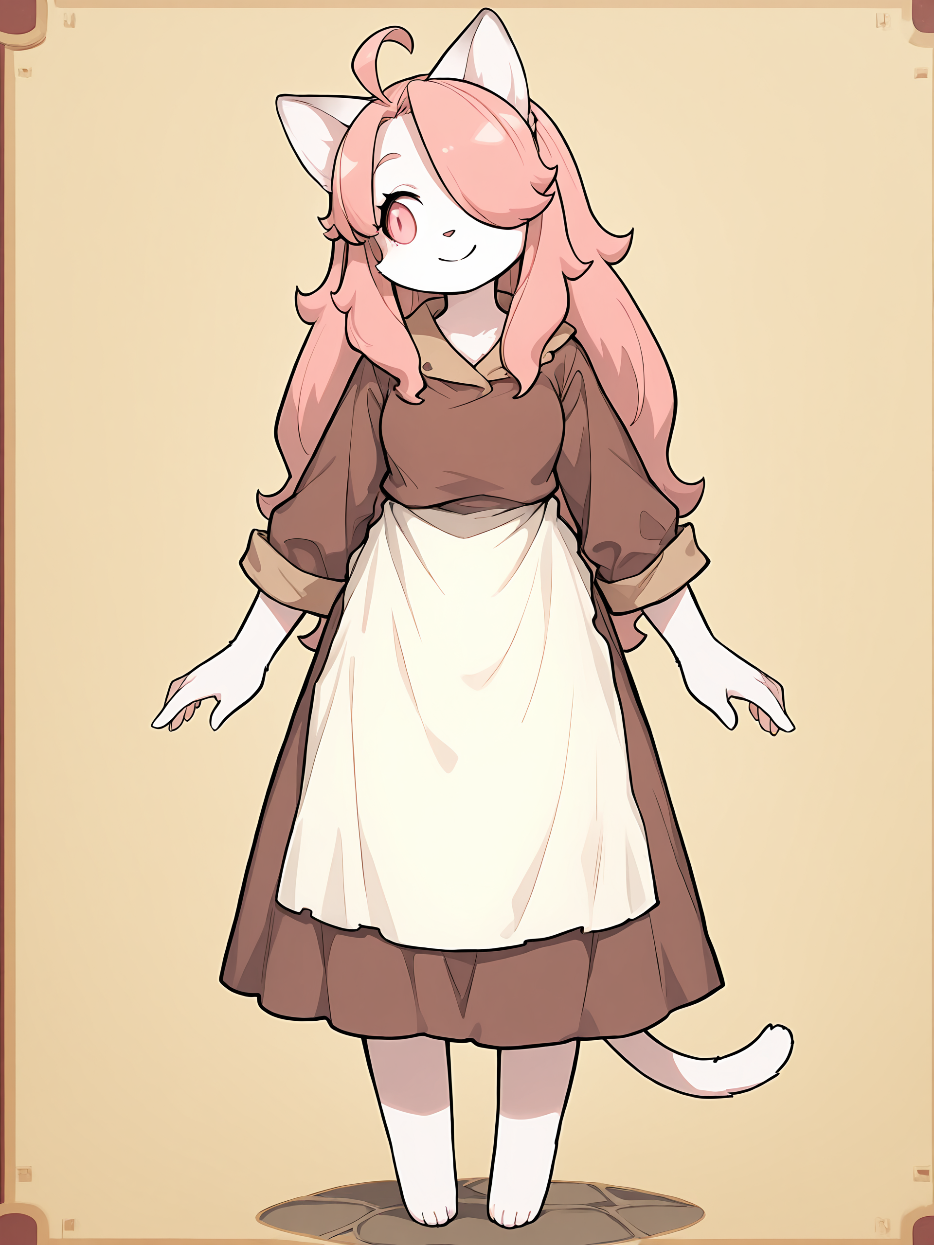 BREAK, <lora:Hanna_Fondant:1>, hanna fondant, fuga: melodies of steel, kemono, furry female, young female, 1girl, cat girl, white fur, pink eyes, pink hair, long hair, ahoge, hair over one eye, animal ears, cat ears, cat tail,
BREAK, Fuga 1 Outfit, barefoot, brown dress, white apron,
BREAK, solo, full body, looking away, standing, smile, head tilt,