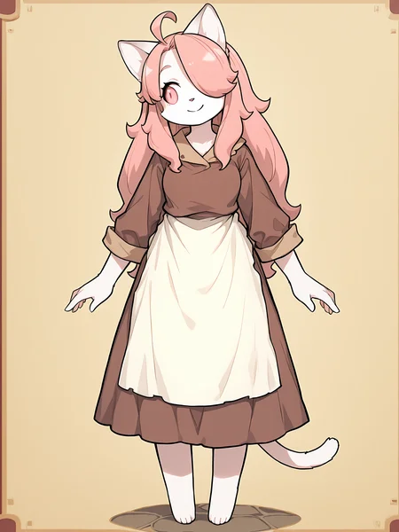 BREAK, <lora:Hanna_Fondant:1>, hanna fondant, fuga: melodies of steel, kemono, furry female, young female, 1girl, cat girl, white fur, pink eyes, pink hair, long hair, ahoge, hair over one eye, animal ears, cat ears, cat tail,
BREAK, Fuga 1 Outfit, barefoot, brown dress, white apron,
BREAK, solo, full body, looking away, standing, smile, head tilt,