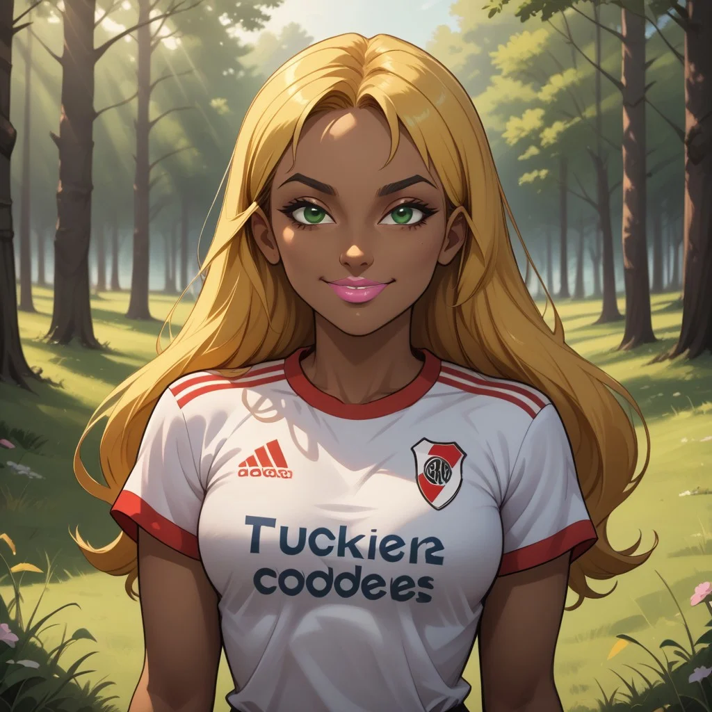 score_9, score_8, BREAK, solo, total drama, 1girl, blonde hair, long hair, (((dark skin, dark skin female))), green eyes, pink lips, lipstick, RiverPlate, striped shirt, striped, shirt, white shirt, short sleeves, clothes writing, sportswear, soccer uniform, black eyebrows, Dakota_(Total_Drama), tdroti, cute, breasts, sexy pose, self portrait, smile, looking at viewer, outdoors, sunlight, shadows, evening lighting, natural lighting, forest, trees, grass, orange sky, sunset