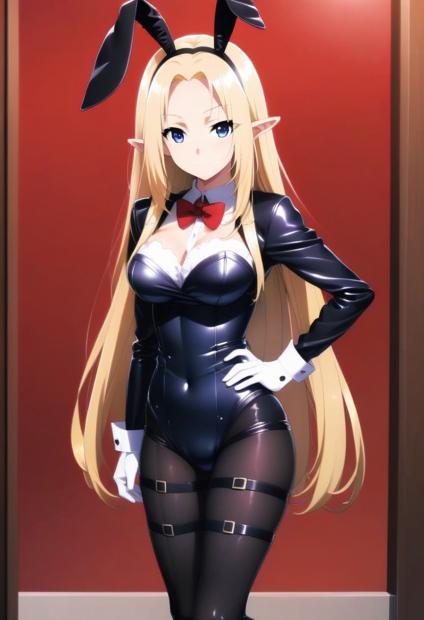 score_9, score_8_up, score_7_up, rating_questionable, 1girl, solo,
kage no jitsuryokusha ni naritakute!, alpha \(kage no jitsuryokusha ni naritakute!\), <lora:shadow-alpha-ponyxl-lora-nochekaiser:1>, alpha, blue eyes, tsurime, eyelashes, blonde hair, long hair, straight hair, parted bangs, curtained bangs, sidelocks, pointy ears, elf, thick thighs, large breasts, blush, nose blush, nervous, rabbit ears, fake animal ears, playboy bunny, detached collar, bare shoulders, bare arms, collarbone, leotard, latex leotard, skindentation, skin tight, covered navel, thighhighs, wrist cuffs, cleavage, ass visible through thighs, thigh gap, simple background, heart background, red background, contrapposto, looking at viewer