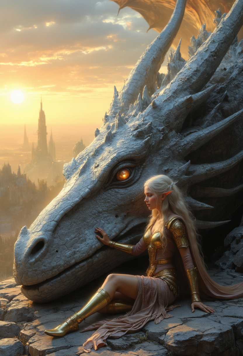 In a tranquil Warhammer Fantasy setting, a High Elf warrior princess sits beside the enormous, resting head of her star dragon. The dragonâs immense size is emphasized as its colossal head, with shimmering scales and ancient, glowing eyes, lies on the ground beside her. The princess, dressed in intricately designed elven armor, gently places a hand on the dragonâs massive snout, her elegant figure dwarfed by the sheer size of the majestic creature. Her silver hair flows over her shoulders, catching the fading light of the setting sun. The dragonâs great wings are folded around them, creating a cocoon of safety. The background reveals a peaceful elven landscape with distant towers and enchanted forests, adding a touch of magic to the scene. The bond between the princess and the dragon radiates a calm, quiet strength as they rest together, an image of serene companionship despite the dragonâs overwhelming size
<lora:Aura_Flux:0.6> auralora <lora:artisketchyfs-v02:0.65>