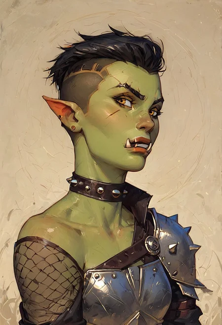 score_9, score_8_up, score_8_up, orc, tusks, green skin, short hair, black hair, undercut, slender body, small breasts, leather knight armor, fishnet bodysuit, gauntlets, metal shoulder pauldron, one shoulder armor, studded leather strap, daggers on her belt, lush lips, bangs swept back, amber eyes, cheek scar