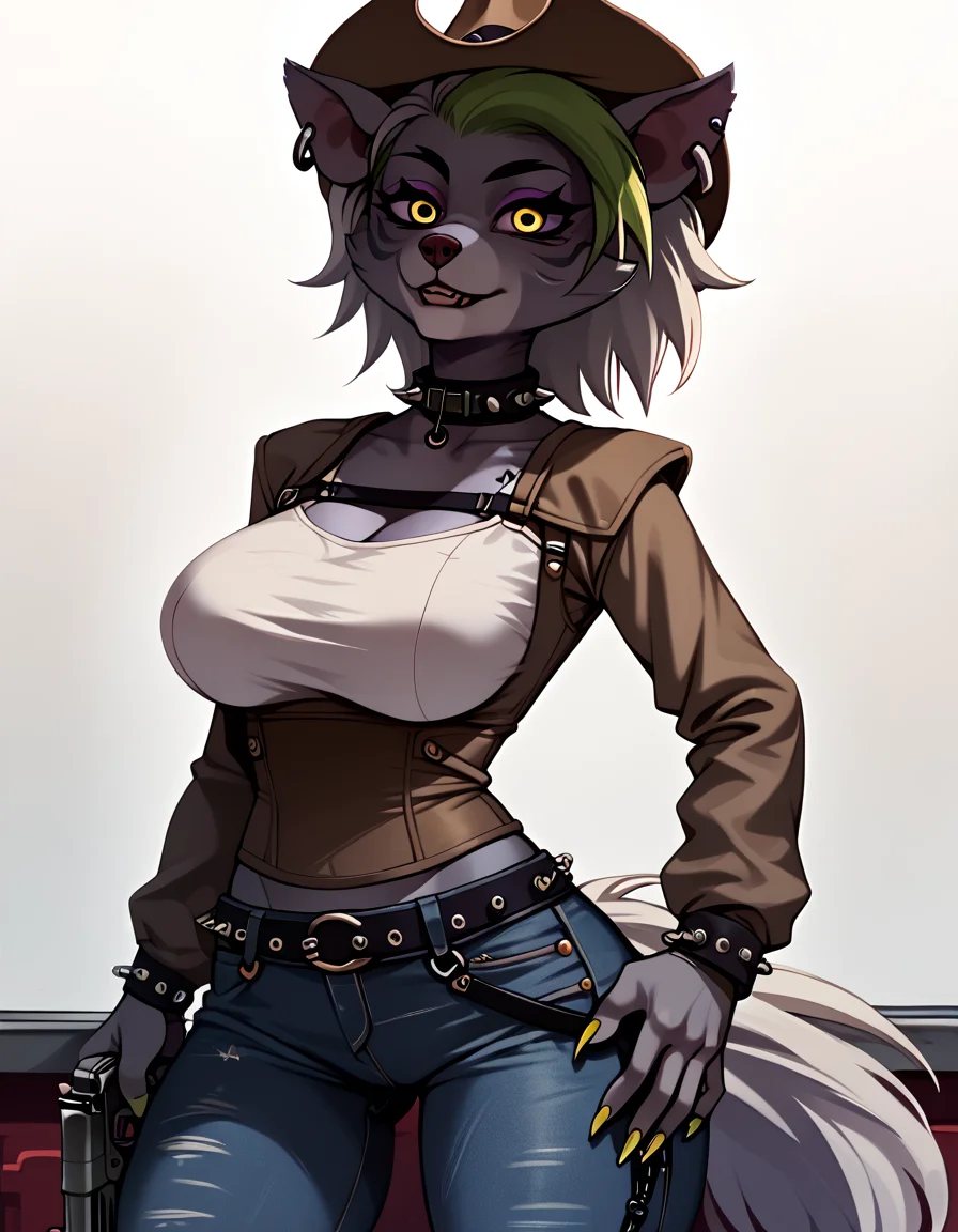 score_9, score_8_up, <lora:ponyxl-the_coffin_of_andy_and_leyley-style-v03:1> <lora:Roxanne_Wolf_Roxy_mayosplash-000008:1> large breasts, collar, yellow eyes, furry female, jewelry, piercing, cowboy hat, brown corset, short brown jacket, white collar shirt, jeans, holster, revolver, solo,