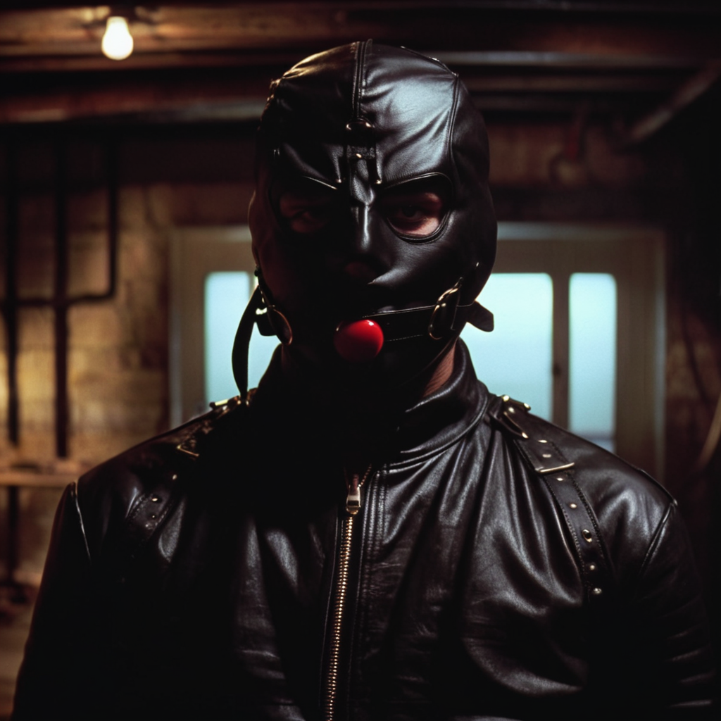 cinematic film still of  <lora:Pulp Fiction style:1>
a creepy man in a latex mask and leather bdsm fetish outfit standing in a dark basement room with latex mask on,red eyes,1boy,jacket,male focus,multiple boys,gun,leather,leather jacket , 1990's, 90's, film, cinematic, crime and violence, classic, graphic violence, Kodak film, motion picture image,Pulp Fiction style, Pulp Fiction Film style, shallow depth of field, vignette, highly detailed, high budget, bokeh, cinemascope, moody, epic, gorgeous, film grain, grainy