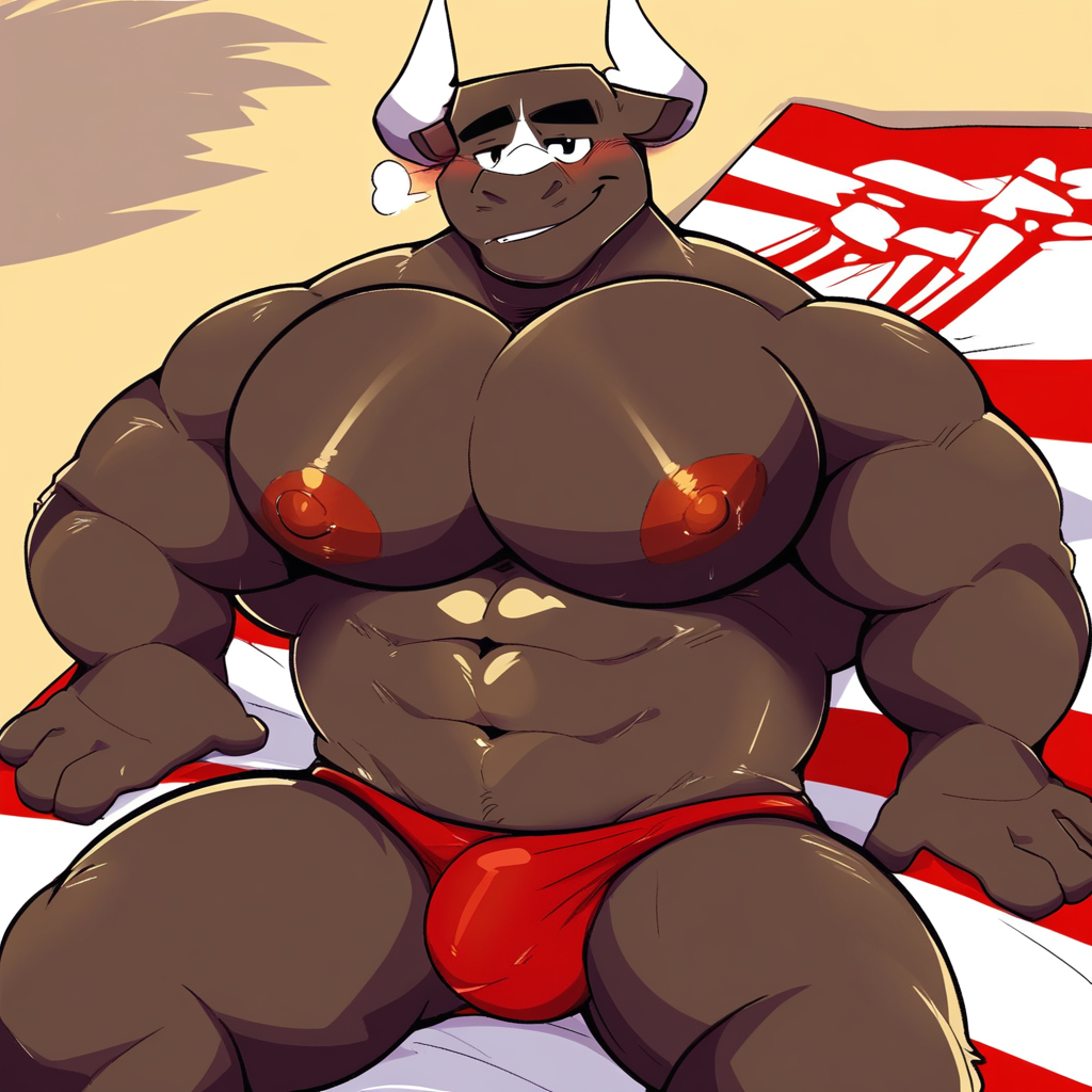 Muscular male, 1boy, solo, beach background, furry, bull, brown body, red speedo, large pectorals, large nipples, sitting down, white bull horns, smirking, sitting on beach towel, blushing