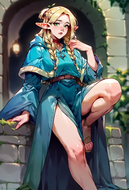 score_9,score_8_up,score_7_up,score_6_up,score_5_up,score_4_up ,<lora:aesthetic_witchy:0.3>,witchyaesthetic,realistic,blurry background witchyset55, knee up, <lora:Smooth Anime 2 Style SDXL_LoRA_Pony Diffusion V6 XL:0.8>, <lora:Marcille:1.1>,marcilledonato,green eyes,blonde hair,robe,blue capelet,,