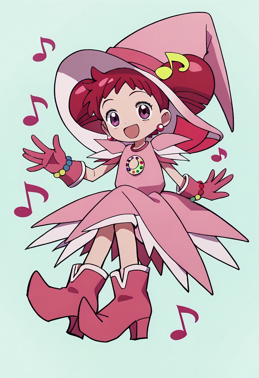 score_9, score_8_up, score_7_up BREAK Doremi2, 1girl, short red hair, purple eyes, fuchsia pearl earrings, odango pigtails on top of pink witch hat, fuchsia hat band with yellow musical note, layered short-sleeve pink dress, rainbow pearl circle chest badge, fuchsia gloves, fuchsia white boots, rainbow pearl wristband, full body, smiling at viewer,