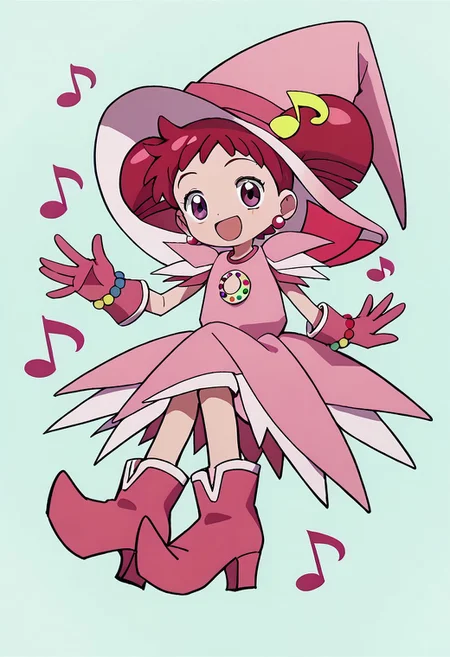 score_9, score_8_up, score_7_up BREAK Doremi2, 1girl, short red hair, purple eyes, fuchsia pearl earrings, odango pigtails on top of pink witch hat, fuchsia hat band with yellow musical note, layered short-sleeve pink dress, rainbow pearl circle chest badge, fuchsia gloves, fuchsia white boots, rainbow pearl wristband, full body, smiling at viewer,