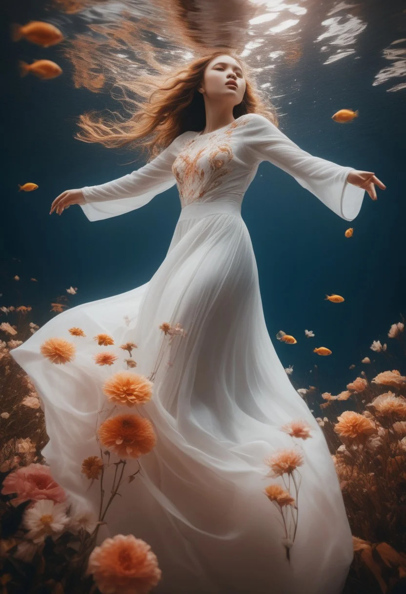 The image is an underwater scene with a woman floating in the center. She is wearing a long, flowing white dress with pink and orange flowers cascading down her body. The dress is made up of multiple layers of fabric, creating a beautiful and intricate design. The woman's hair is flowing in the wind and she is reaching up towards the sky with her arms stretched out to the sides. The background is filled with a variety of colorful flowers and plants, including roses, daisies, and lilies. The water is a deep blue and there are small fish swimming around the woman. The overall mood of the image is dreamlike and ethereal.