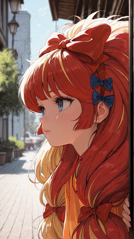 masterpiece, newest,absurdres,incredibly absurdres, best quality, amazing quality, very aesthetic, realistic face,1970s \(style\), blurry background, 
1girl, blonde, big hair, multiple hair bows, red hair bows, multicolored hair, 
<lora:re4lity:1> re4lity_sync_illu
