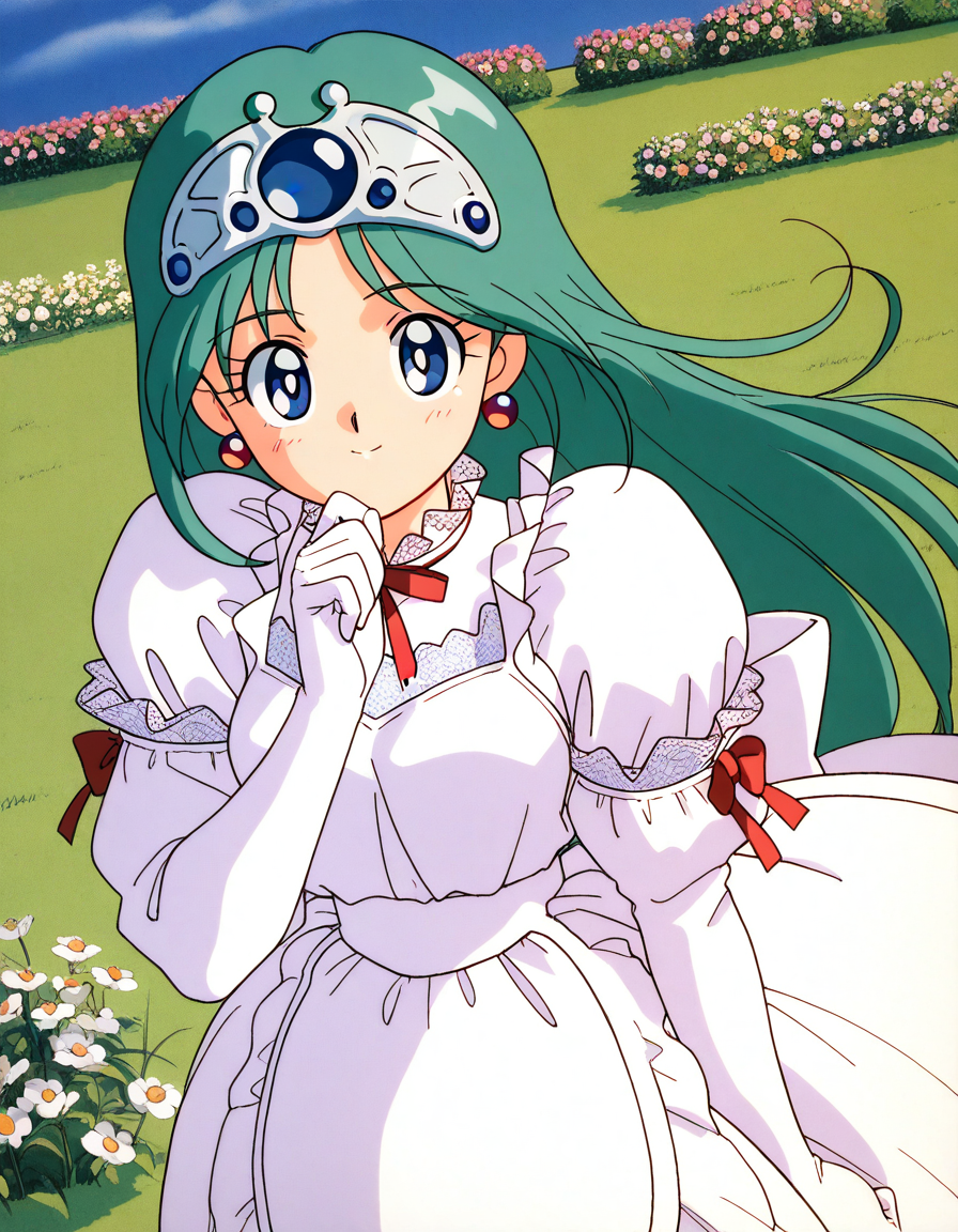 masterpiece, best quality, <lora:Princess_Melora_TwinBee_IS:1>Princess_Melora(TwinBee),1girl,solo, long hair, blue eyes, green hair, 1990s (style), tiara, blue jewelry,
elbow gloves, puffy sleeves, white dress, white gloves, frills, earrings, juliet sleeves, white gloves, red ribbon,
sky, grass, garden, flower,