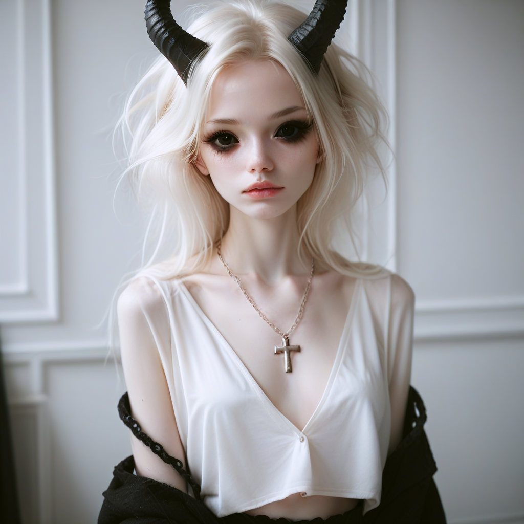score_9_up, score_8_up, score_7_up, 
1girl, solo, <lora:bdemonpony011:1>, colored skin, pale skin, black skin, black hands, black feet, pitch black eyes, monster girl, skinny, anorexic, slim, horns, white hair,  
chain necklace, cross necklace, bracelets, white shirt and plaid skirt, 
indoors, dark black room, music decorations, 80's punk style, solo,  <lora:Skin Color_alpha1.0_rank4_noxattn_250steps:-1.5>