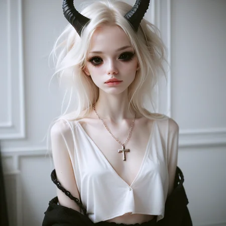 score_9_up, score_8_up, score_7_up,
1girl, solo, <lora:bdemonpony011:1>, colored skin, pale skin, black skin, black hands, black feet, pitch black eyes, monster girl, skinny, anorexic, slim, horns, white hair,
chain necklace, cross necklace, bracelets, white shirt and plaid skirt,
indoors, dark black room, music decorations, 80's punk style, solo, <lora:Skin Color_alpha1.0_rank4_noxattn_250steps:-1.5>
