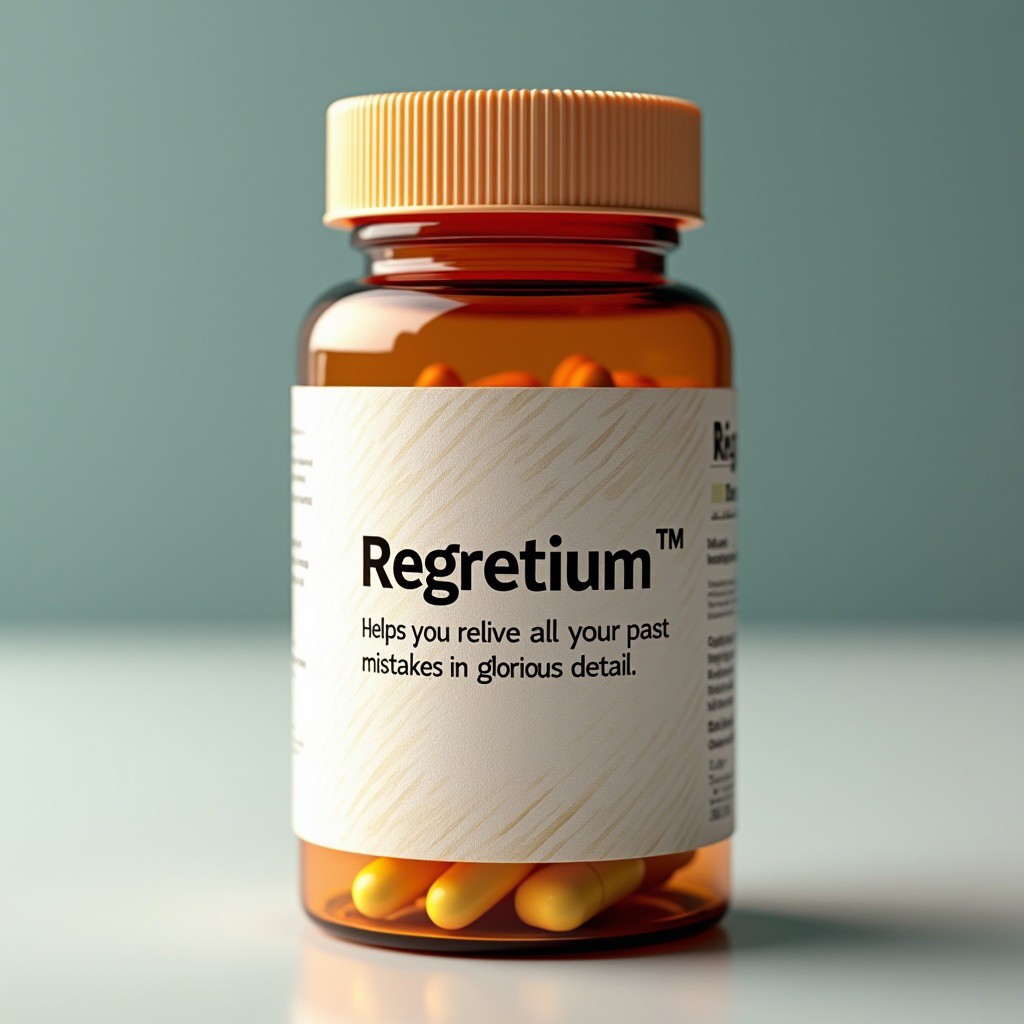 A pill bottle titled "Regretium™" Description underneath reads – "Helps you relive all your past mistakes in glorious detail." Detailed, high quality.