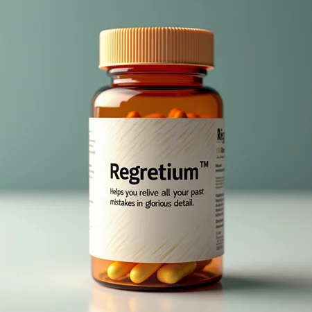 A pill bottle titled "Regretium™" Description underneath reads – "Helps you relive all your past mistakes in glorious detail." Detailed, high quality.