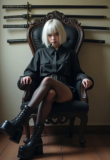 realistic photo, Japanese Culture Style, Neo Photorealistic Art, Young Japanese Woman, white short hair, Platform thigh boots, black shirt, black tie, Stockings, sitting on a throne like chair, legs crossed, 5 katana swords hung horizontally on the background wall, smoking a cigarette, simple background