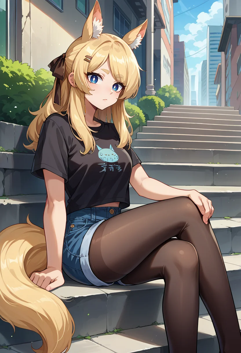 score_9, score_8_up, source_anime, 1girl, solo, WhislashAK, blue eyes, blonde hair, animal ears, tail, thick eyebrows, long hair, hair ribbon, black shirt, t-shirt, denim shorts, pantyhose under shorts, sitting, stairs, outdoors, city, <lora:ChamWhislashPonyXL:1>