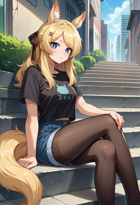 score_9, score_8_up, source_anime, 1girl, solo, WhislashAK, blue eyes, blonde hair, animal ears, tail, thick eyebrows, long hair, hair ribbon, black shirt, t-shirt, denim shorts, pantyhose under shorts, sitting, stairs, outdoors, city, <lora:ChamWhislashPonyXL:1>
