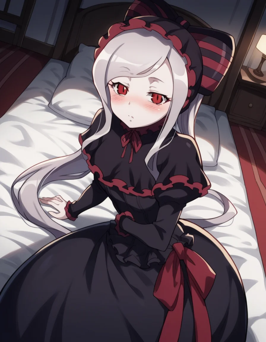score_9, score_8_up, score_7_up, source_anime,
shalltear, <lora:shalltear-bloodfallen-s1s2-ponyxl-lora-nochekaiser:1>,
shalltear, grey hair, long hair, red eyes, silver hair,
black dress, bonnet, bow, dress, frilled dress, frills, large bow, long sleeves, vampire,
indoors, bed, bed room, on side, blush, drunk,
looking at viewer, cowboy shot, solo, dutch angle,