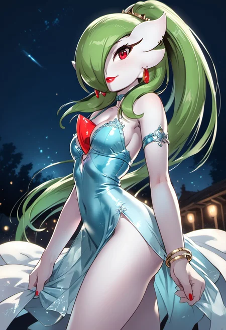 (((gardevoir))), female, anthro, pale white skin, score_9, score_8_up, score_7_up,, rating_questionable,
Gardevoir, 1girl, lipstick, solo, jewelry, green hair, black eyes, cleavage, smile, earrings, choker, hoop earrings, bangle, ponytail, high ponytail, bare shoulders,
small breasts, almost flat chest, slim, pale white skin, nice round ass, red lipgloss, HD32k, dynamic pose, aesthetic, perspective, solo, detailed, sensual look, pinup pose, night, outdoor, , sensual look, pinup pose, starrynightdress, front view, y0mUy4k4d4sh1