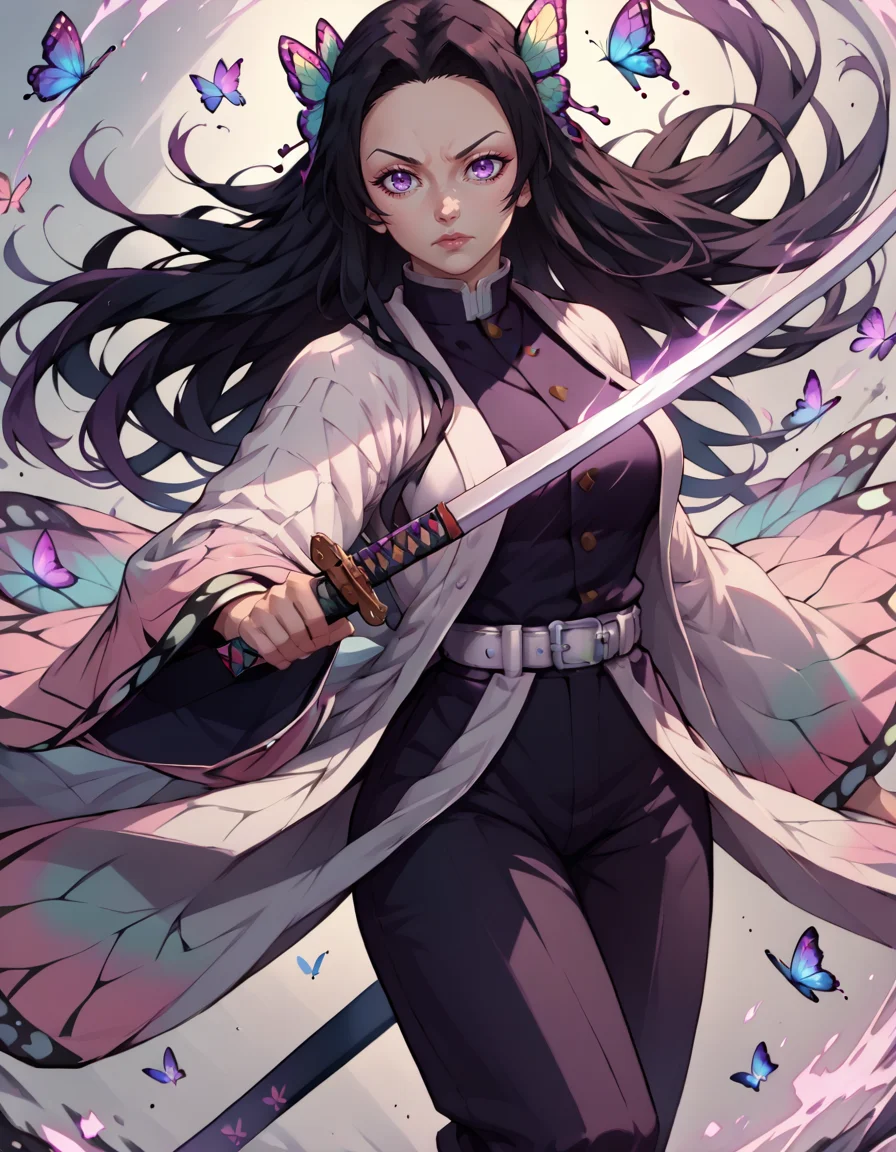 score_9, score_8_up, score_7_up,score_6_up, score_5_up, score_4_up ,1girl, solo,
large breasts,
kanaekochodg,
long hair, black hair, hair ornament, purple eyes,
japanese clothes, long sleeves, wide sleeves, demon slayer uniform, butterfly print, white belt, black pants, black jacket,
fighting stance, glowing, magic,
holding sword, katana, sheath,
floating hair,
looking at viewer, 
 <lora:KanaeKochoDG PonyXL v01:0.90>