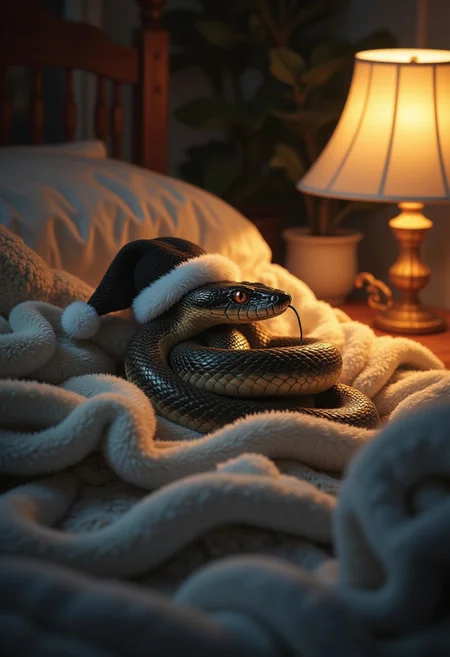 aidmayearofthesnake, a snake wearing a night cap sleeps soundly with its tongue out in a bed under a blanked. A lamp on a bedside table spreads the soft light creating cozy atmosphere.